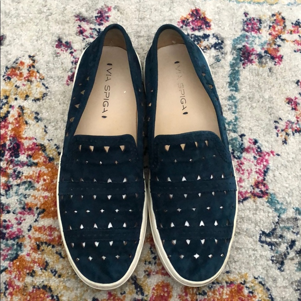 VIA SPIGA Blue Perforated Smoking Slippers